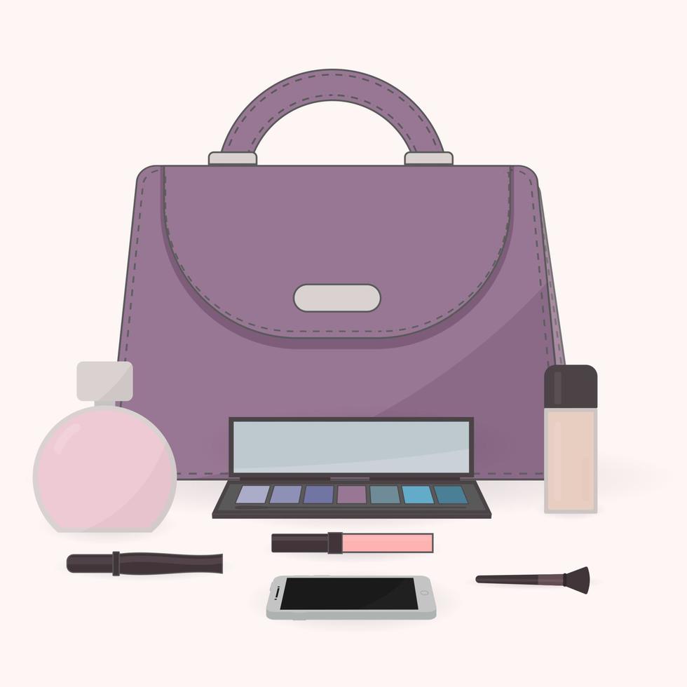 The contents of a woman s bag. Purse, perfume, cosmetics and mobile phone. Vanity table. Concept of beauty bloggers, fashion and glamour. vector