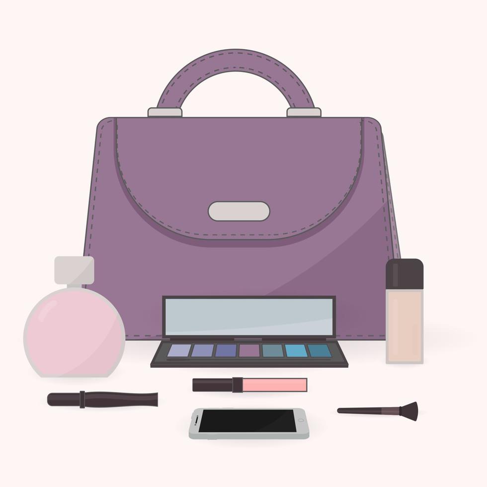 el contenido del bolso de una mujer. monedero, perfumería, cosmética y teléfono móvil. tocador. concepto de blogueros de belleza, moda y glamour. vector