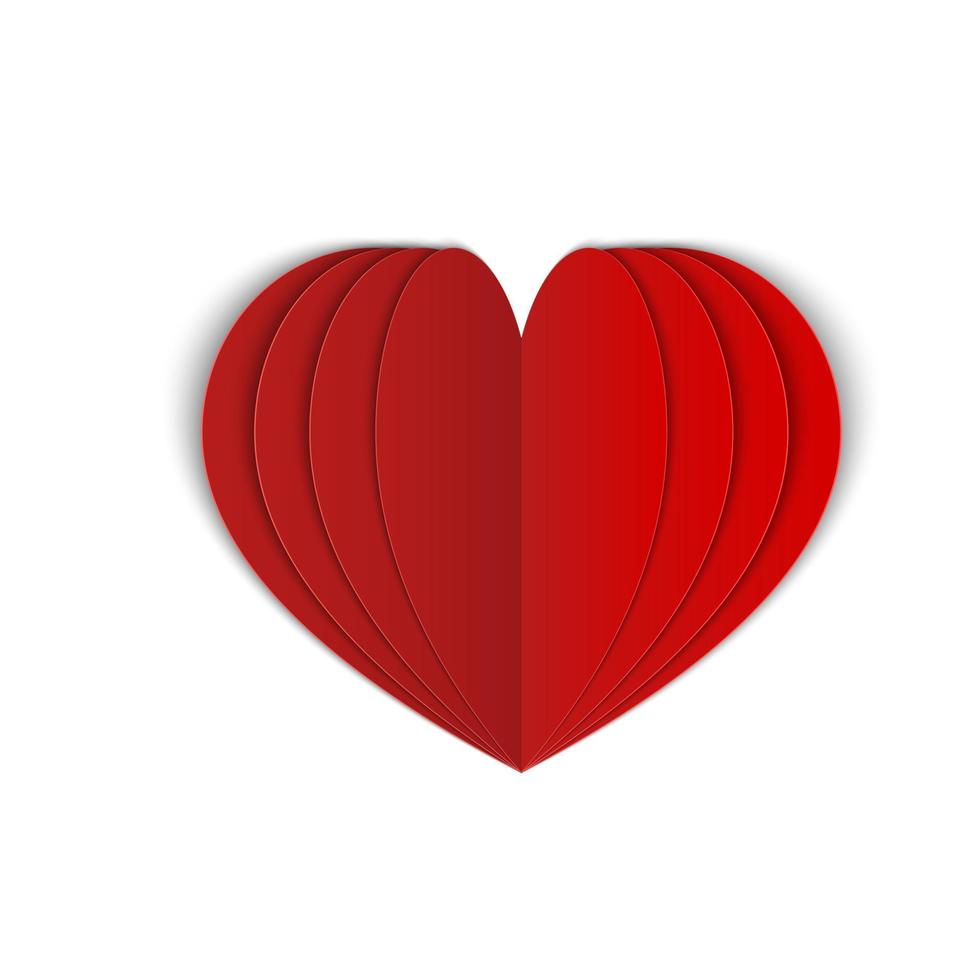 Red paper heart isolated on white. Symbol of love for Valentine s day greeting card. Realistic 3d folded heart. Vector illustration. Easy to edit template for your design projects.