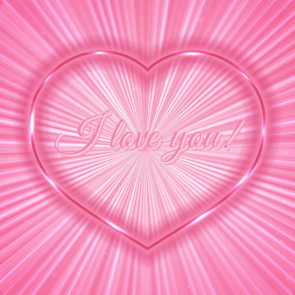 I love you Pink retro greeting card with neon heart on shiny rays background. Romantic vector illustration. Easy to edit design template.