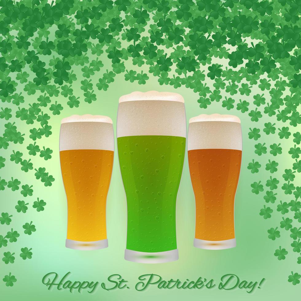 Beer glasses on  green background  with falling shamrocks confetti. Happy St. Patricks Day  greeting  card. Traditional irish vector illustration. Easy to edit design template.