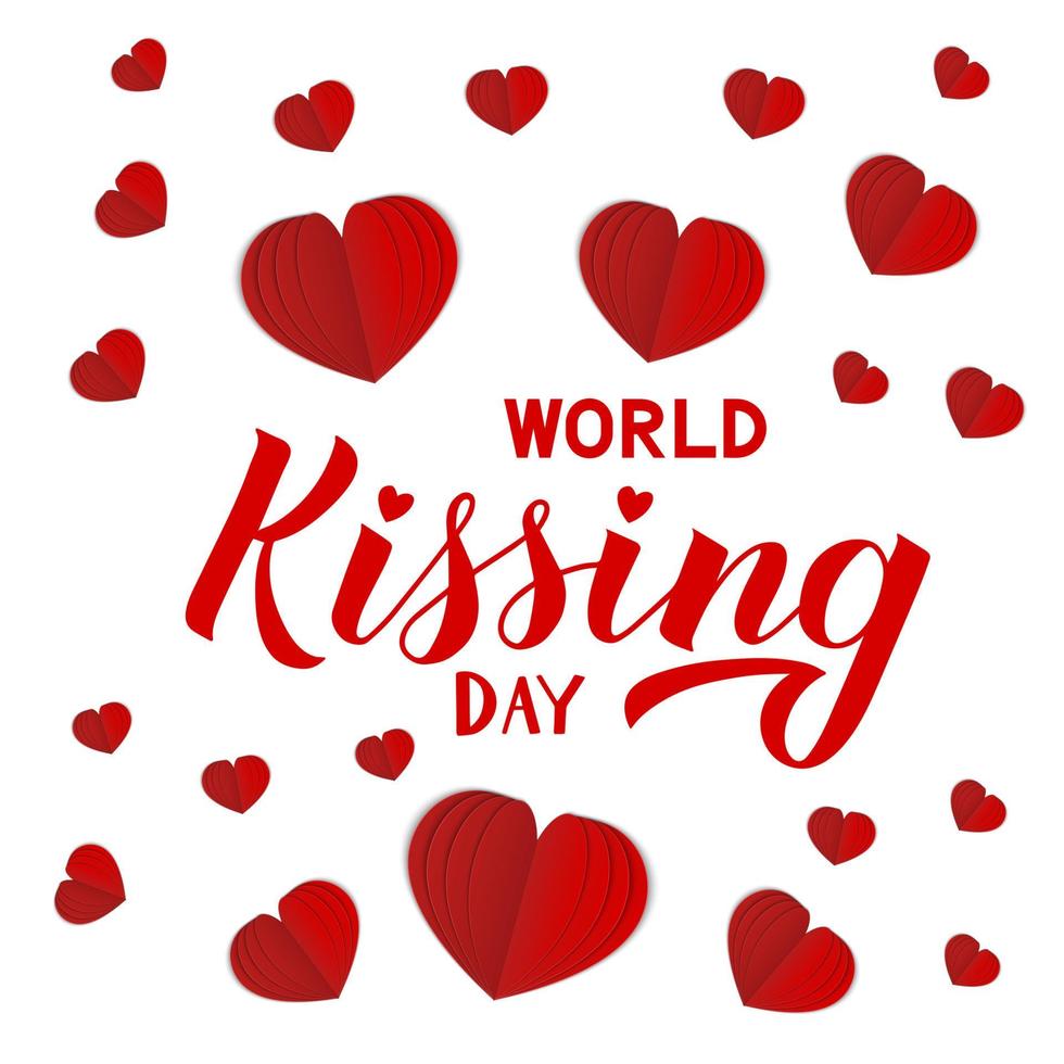 World Kissing day hand lettering with 3d red paper cut hearts on white background. Easy to edit template for typography poster, banner, flyer, sticker, badge, t-shot, etc. vector