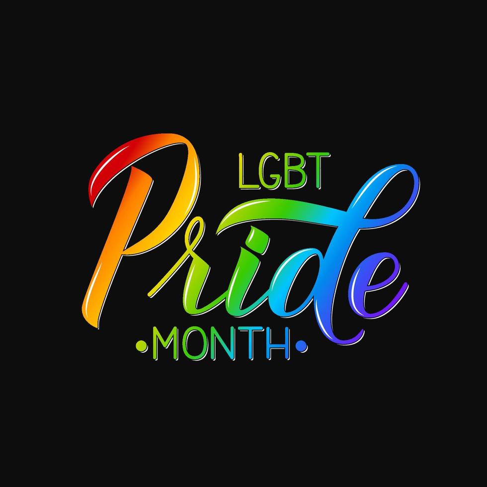 LGBT Pride Month 3d lettering colors of the rainbow on black background. Gay Pride and LGBTQ rights concept. Easy to edit vector template for banner, poster, t-shot, flyer, sticker, badge.