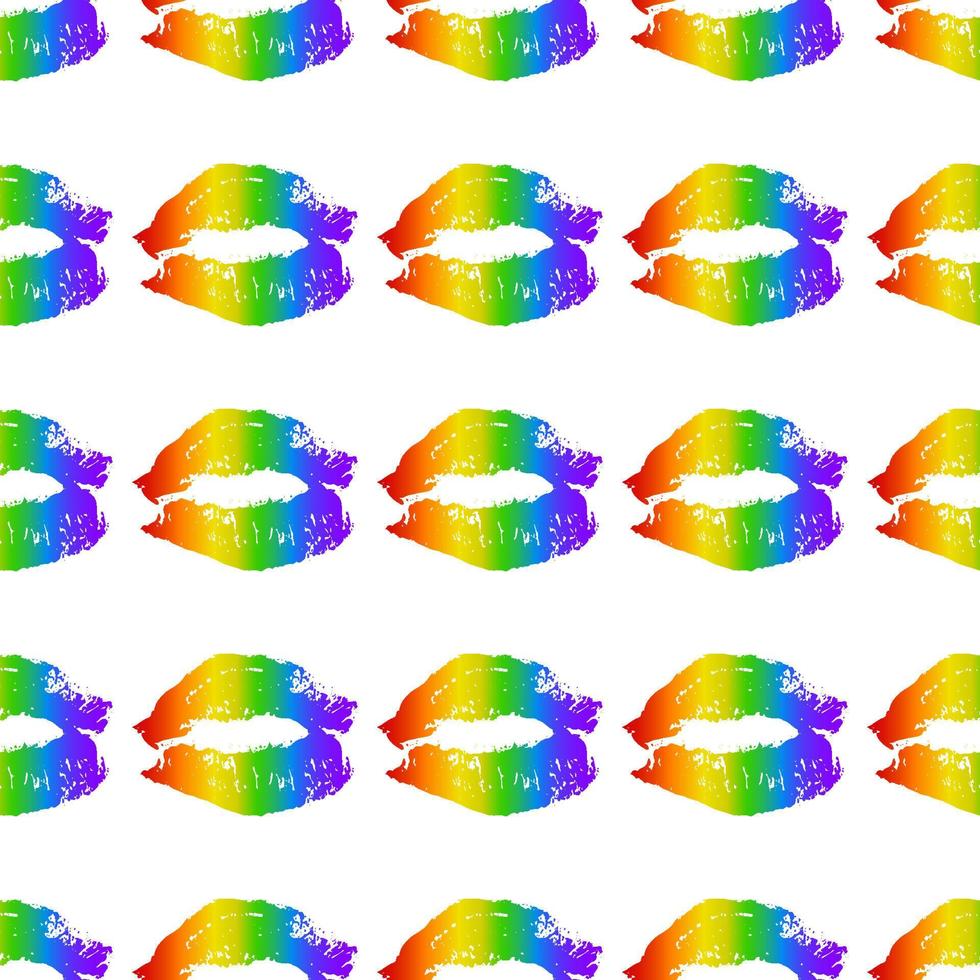 Rainbow lipstick kiss on white seamless pattern. LGBT community background. Gay pride vector illustration. Imprint of the lips. International Day Against Homophobia poster, sign, greeting card.