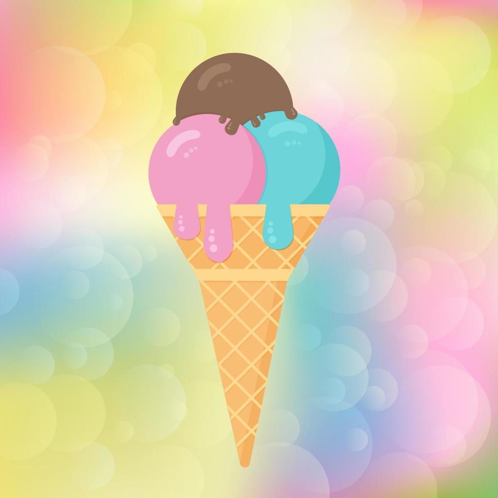 Ice cream on a colorful blurred bokeh background. Cartoon icecream cone  in flat style. Concept of desserts. Summer vector illustration. Italian Gelato.