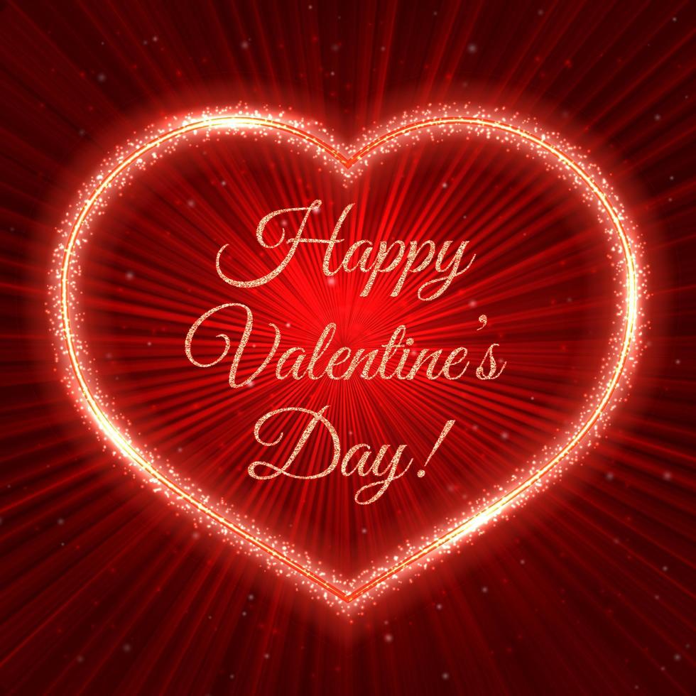 feliz día de san valentín tarjeta de felicitación roja del día de san valentín con corazón brillante sobre fondo de rayos brillantes. ilustración vectorial romántica. plantilla de diseño fácil de editar. vector