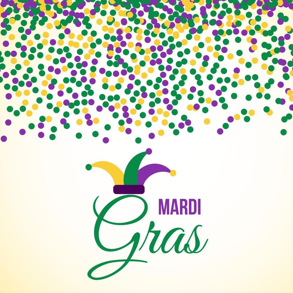 Mardi Gras carnival vector background with green, purple and yellow confetti. Easy to edit design template for your projects.