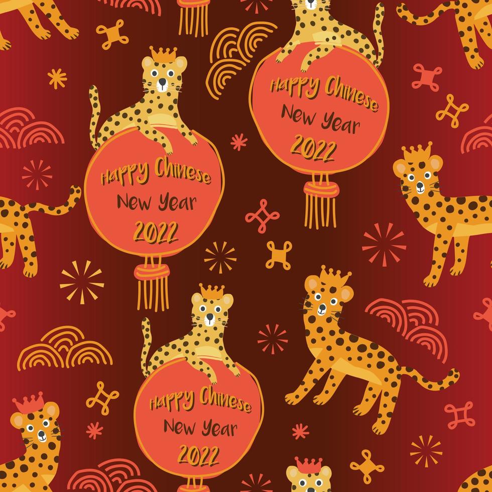 seamless Chinese new year pattern on red background with cute tiger and lantern , new year card vector