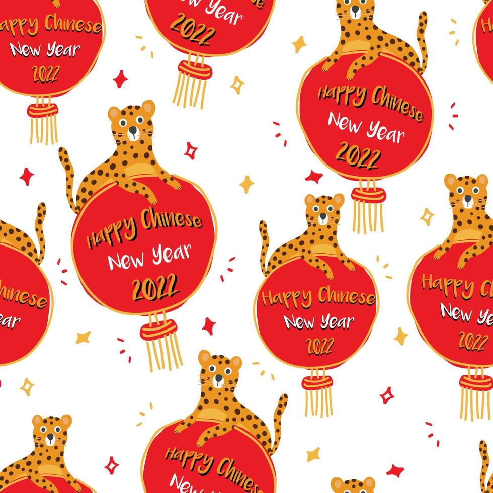 seamless Chinese new year pattern background with doodle hand draw tiger with red lantern , new year card vector