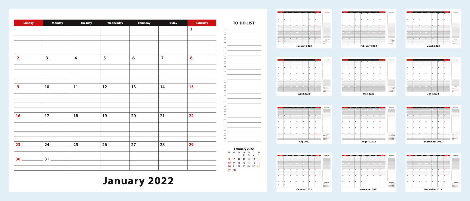 calendario de escritorio mensual vectorial, enero de 2022 - diciembre de 2022. planificador de calendario con lista de tareas pendientes y lugar para notas. vector