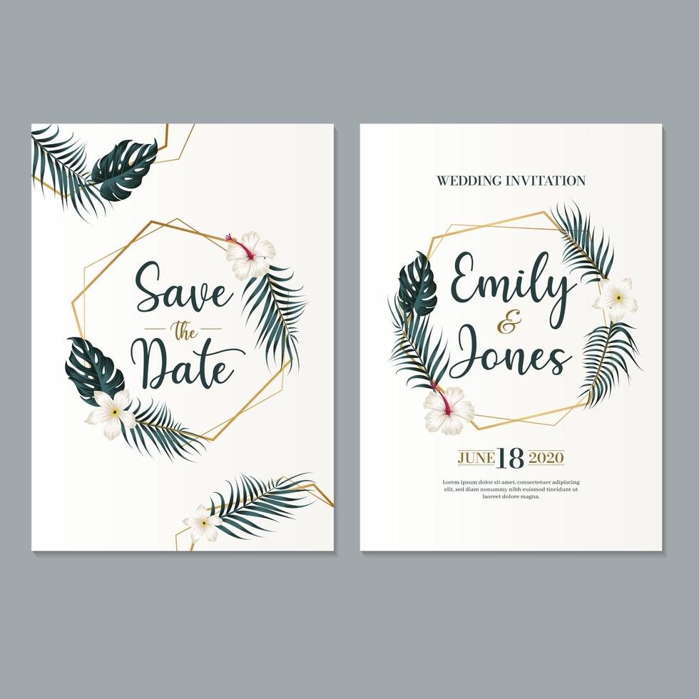 Wedding invitation template with beautiful leaves and flowers vector
