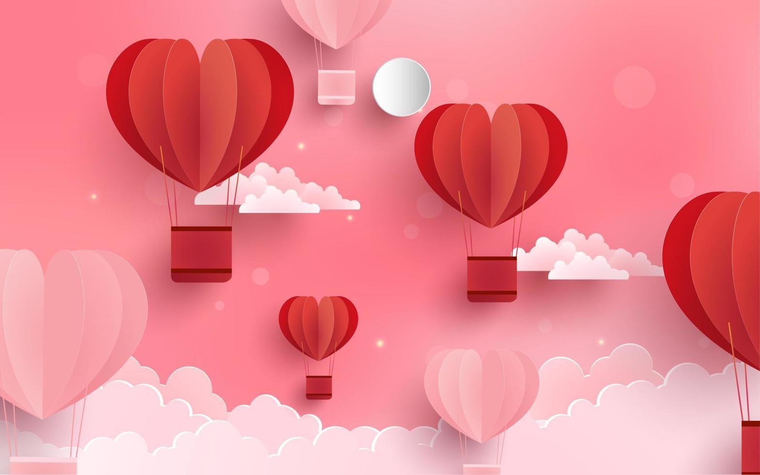 happy valentines day. hot air balloon in the shape of love. paper art design vector