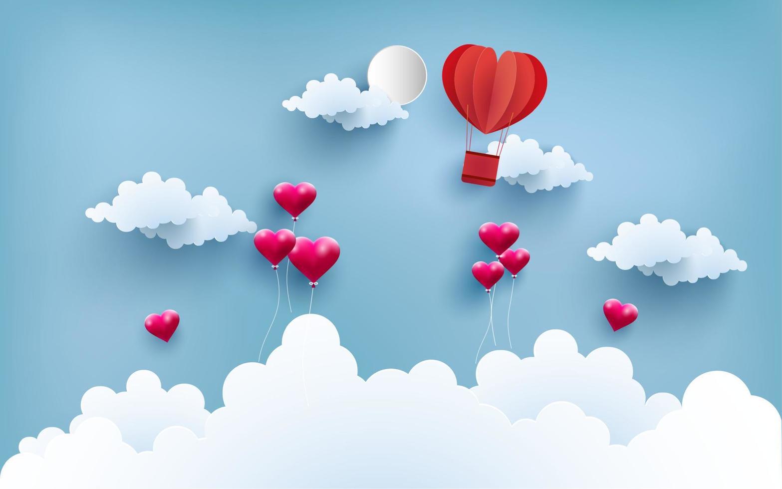 feliz San Valentin. globos de amor ilustrados con hermosas formas. la belleza de un globo de amor sobre las nubes vector