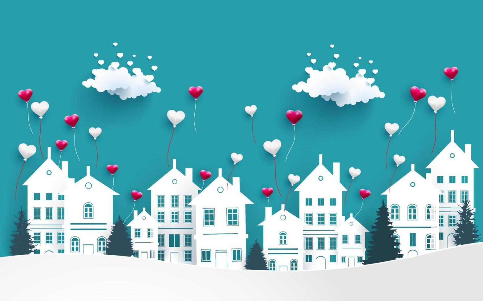 Feliz día de San Valentín. ilustración de globos volando sobre la casa vector