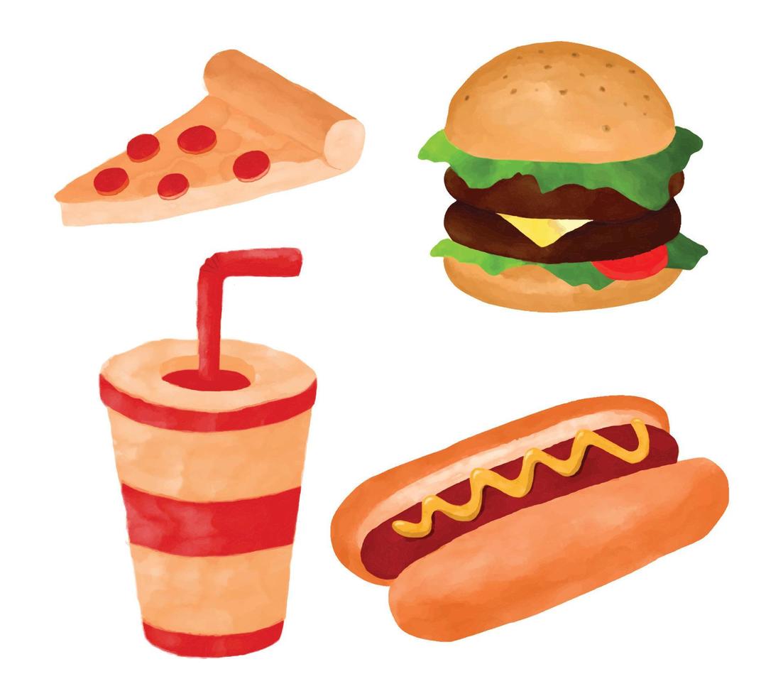 conjunto de doodle de comida rápida en la ilustración de vector de estilo acuarela.