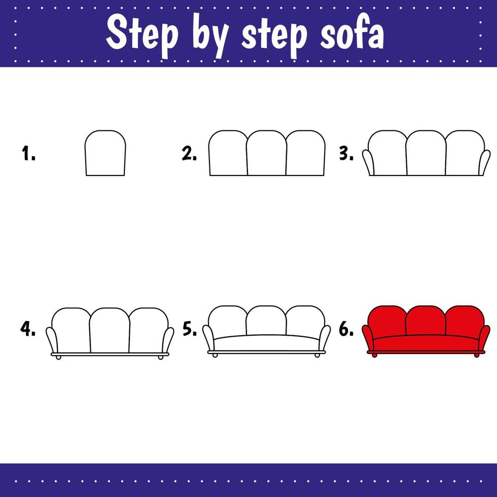 Educational logical game for kids. Step by step drawing sheets. Activity page for children. Sofa vector