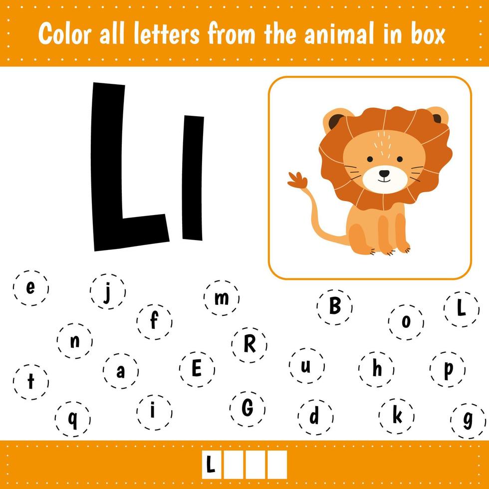 aprendiendo el alfabeto inglés. reconocimiento de letras. colorea todas las letras ll. hoja de trabajo educativa para la escuela y el jardín de infantes. l es para león. vector