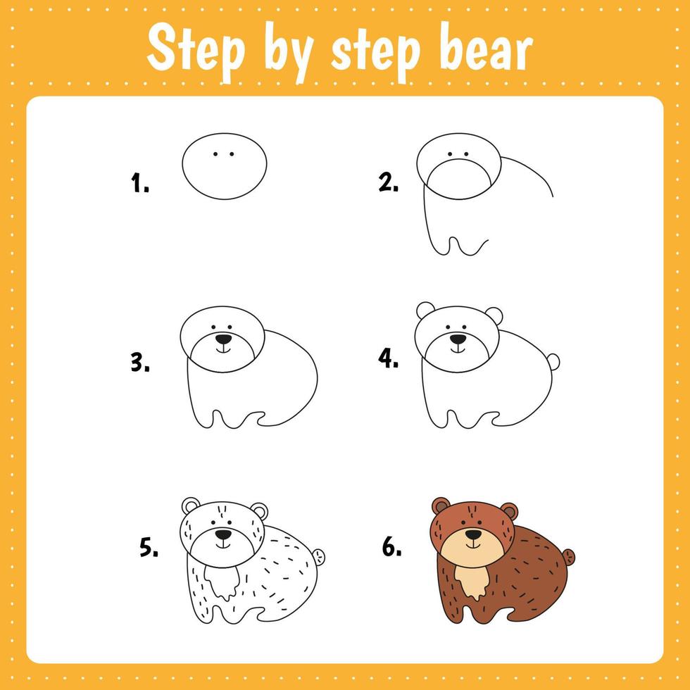 Step by step drawing bear for kids. Simple level difficulty vector