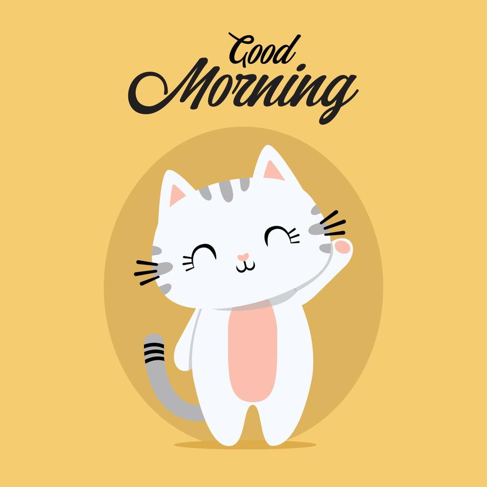 Good morning, a greeting card with a cute and adorable cat animal image, on a plain colored background that is suitable for template designs, invitations, and other design needs. vector