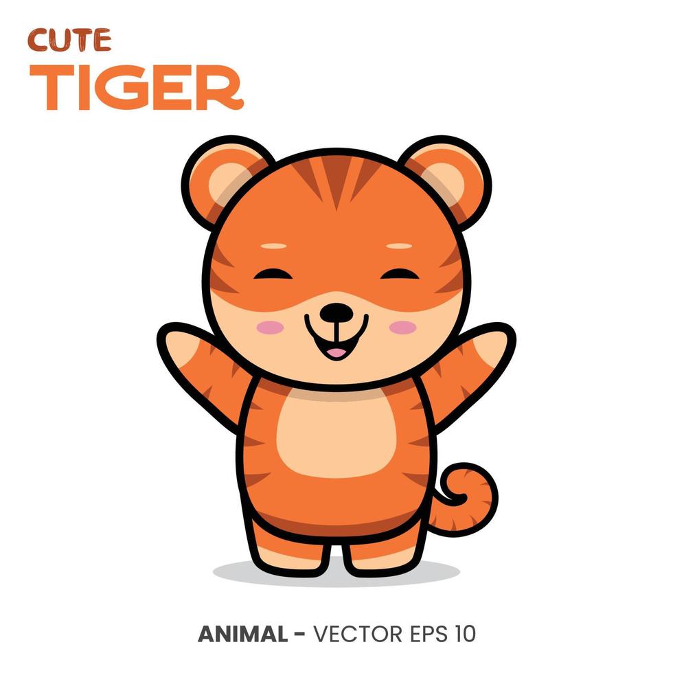 lindo personaje de tigre, dulce expresión de sonrisa con la mano levantada. vector