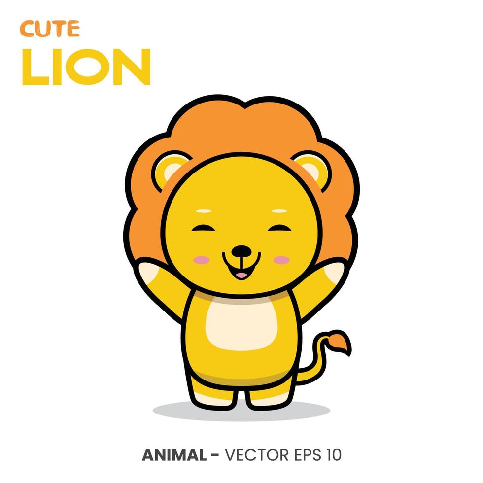 lindo personaje de león, dulce expresión de sonrisa con la mano levantada. vector