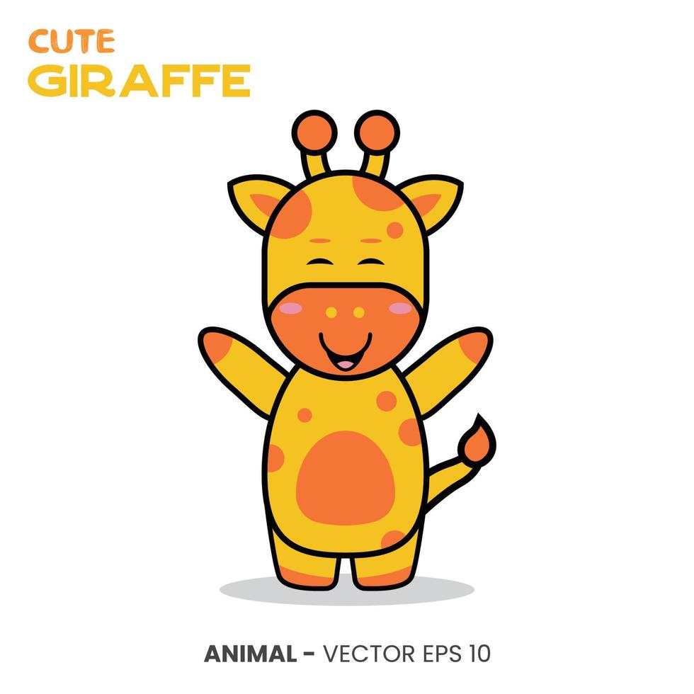 Cute Giraffe character, cute smile expression with raised hand. vector