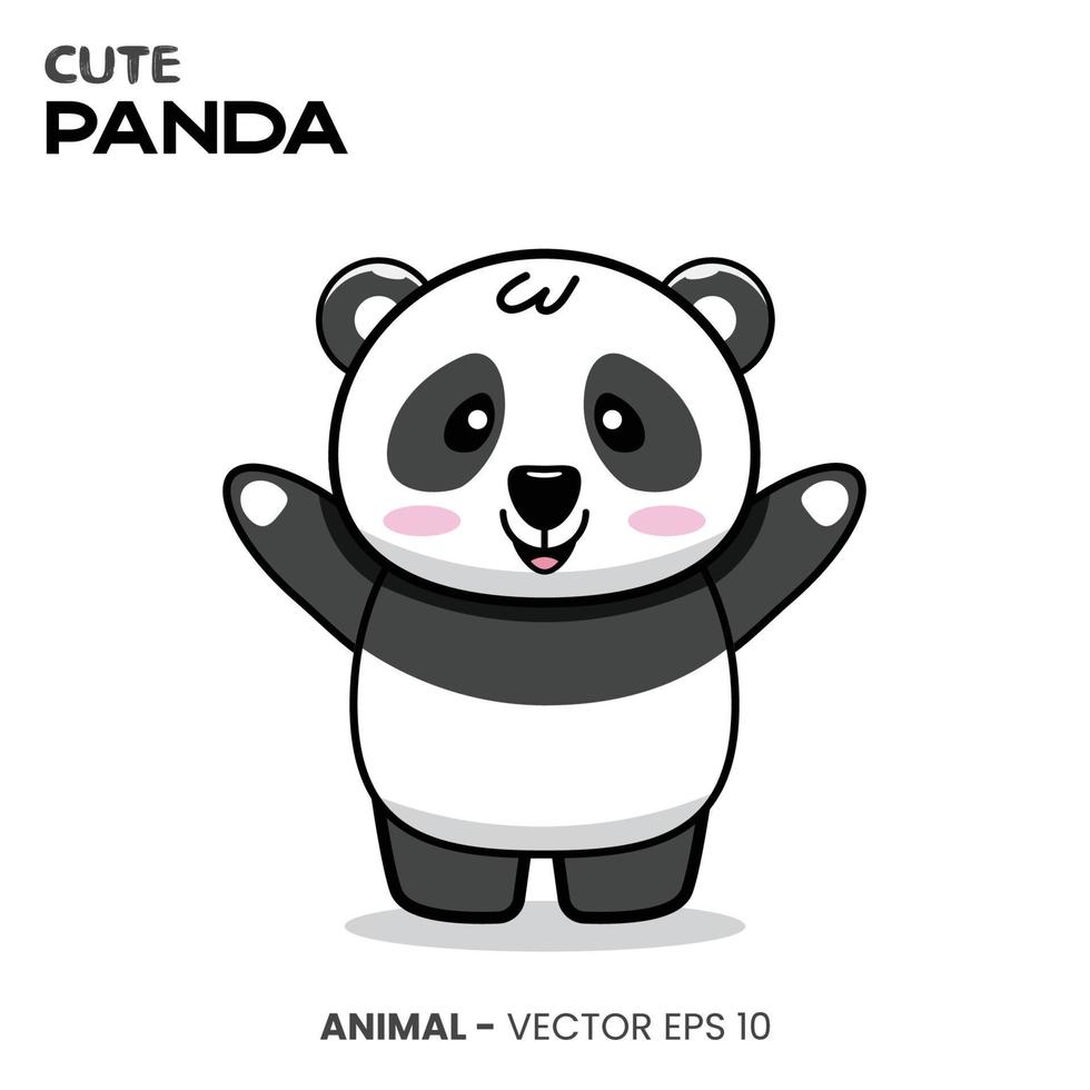 lindo personaje panda, linda expresión de sonrisa con la mano levantada. vector