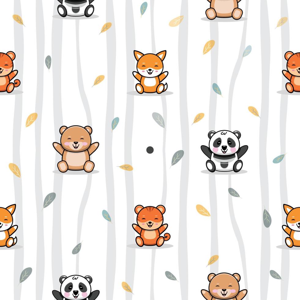 kids pattern with cute animal theme - panda, tiger, fox, cute bear with happy expression and smiling, and falling leaf sprinkles. vector