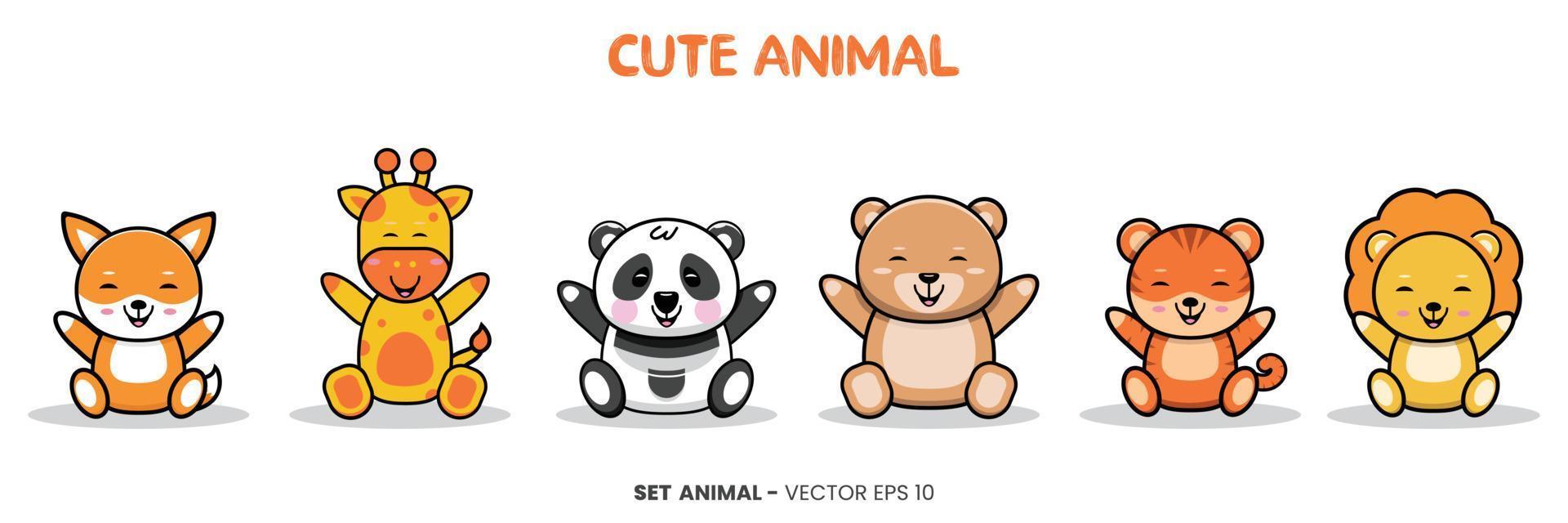 kids themed illustration with cute animal characters - giraffe, panda, bear, tiger, lion, and fox animal sitting with a happy expression and smiling. vector