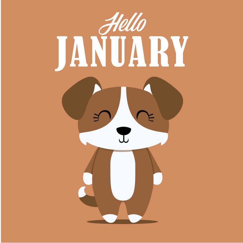 Hello January, a greeting card with a cute and adorable dog animal image, on a plain colored background that is suitable for template designs, invitations, and other design needs. vector