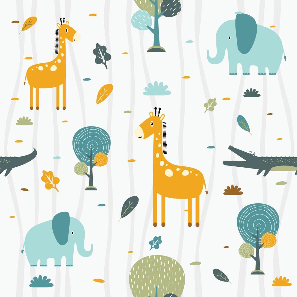 children's patterns with cute animal themes - cute giraffes, crocodiles and elephants with happy and smiling expressions, and plant backgrounds. vector