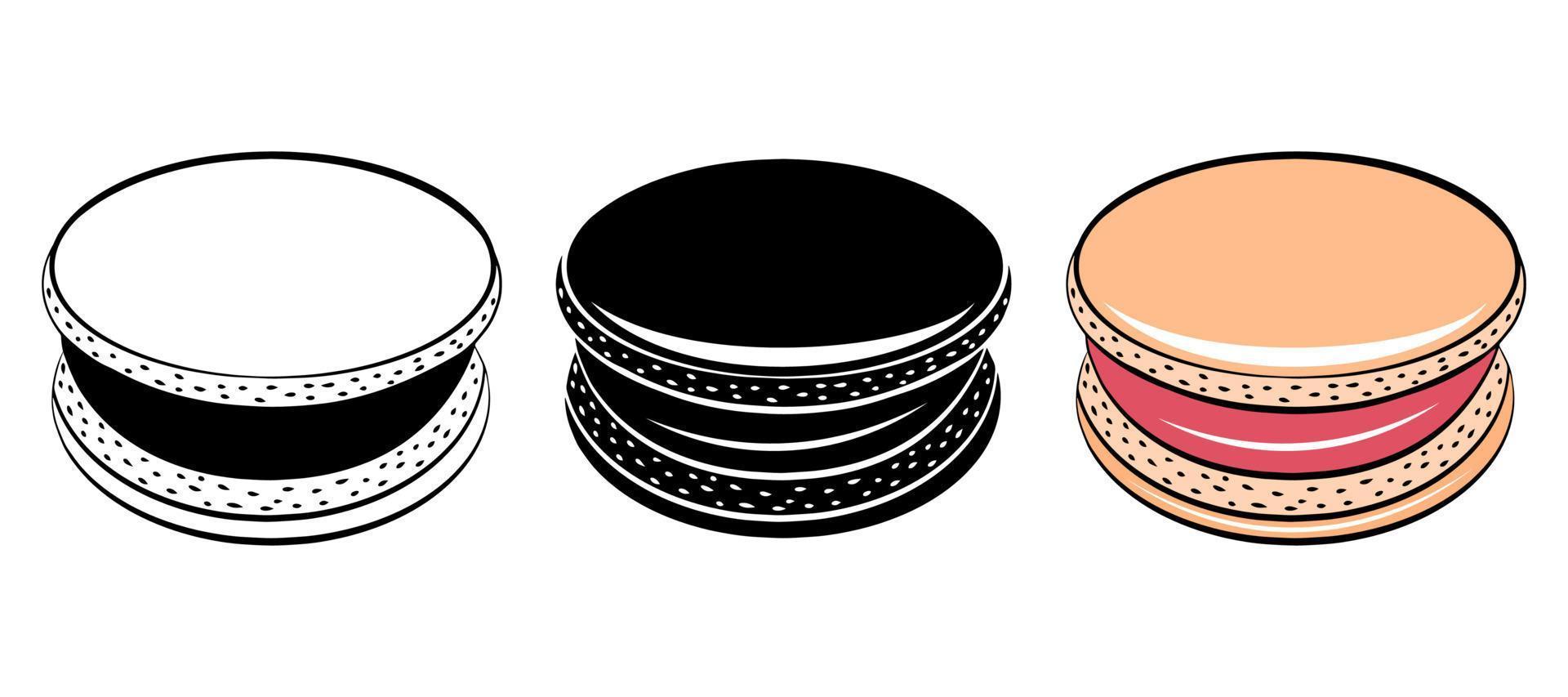 dulce macarrón sabroso comida aislado icono bosquejo esquema dibujo garabato gráfico logotipo diseño azúcar postre pastelería panadería barra de caramelo plano dibujos animados vector pegatina