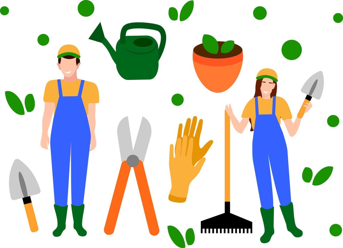 Gardening tools icon set isolated vector clip art gardener character farmer person flat cartoon garden instrument rake rubber boots watering can flower pot gloves summer spring season hobby job