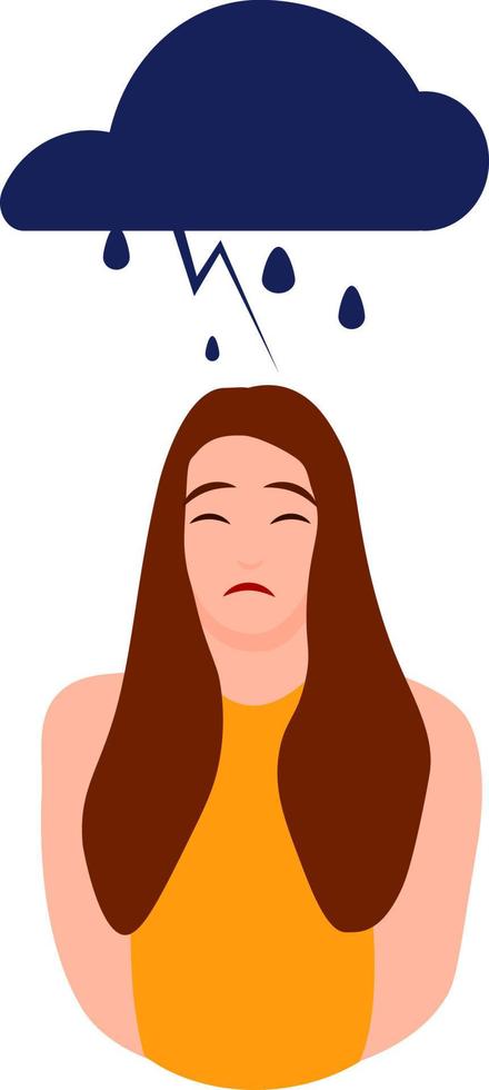 Young woman character with cloud rain, depressed negative thinking, pessimism upset mood, unhappy person concept. Flat vector isolated illustration. Negative emotion.