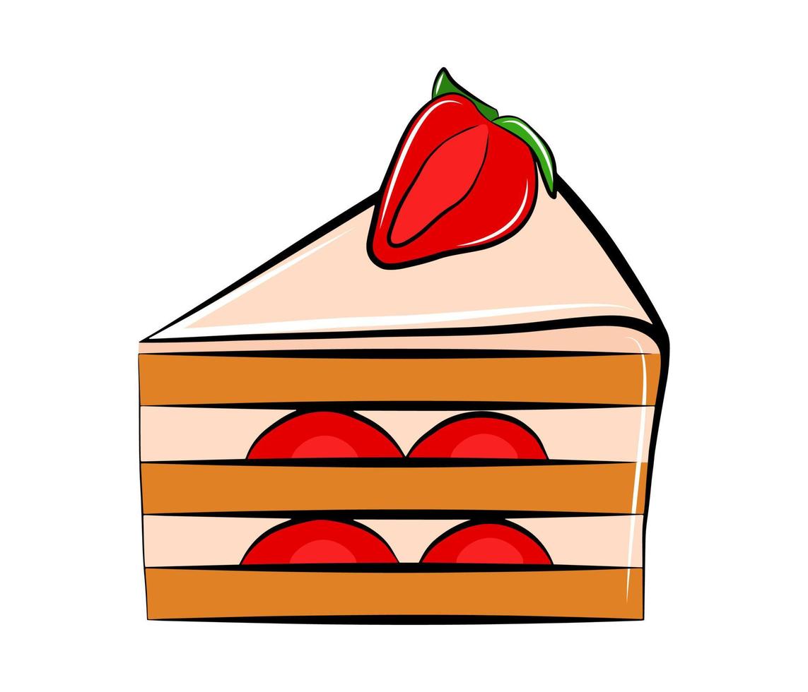 Sweet strawberry cake slice creamy tasty food isolated icon sketch ...