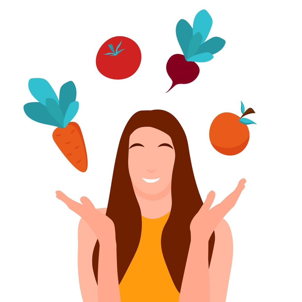 ilustración de vector plano simple concepto de alimentación saludable aislado en blanco icono vegetal joven mujer alegre comida fresca saludable orgánica y sabrosa