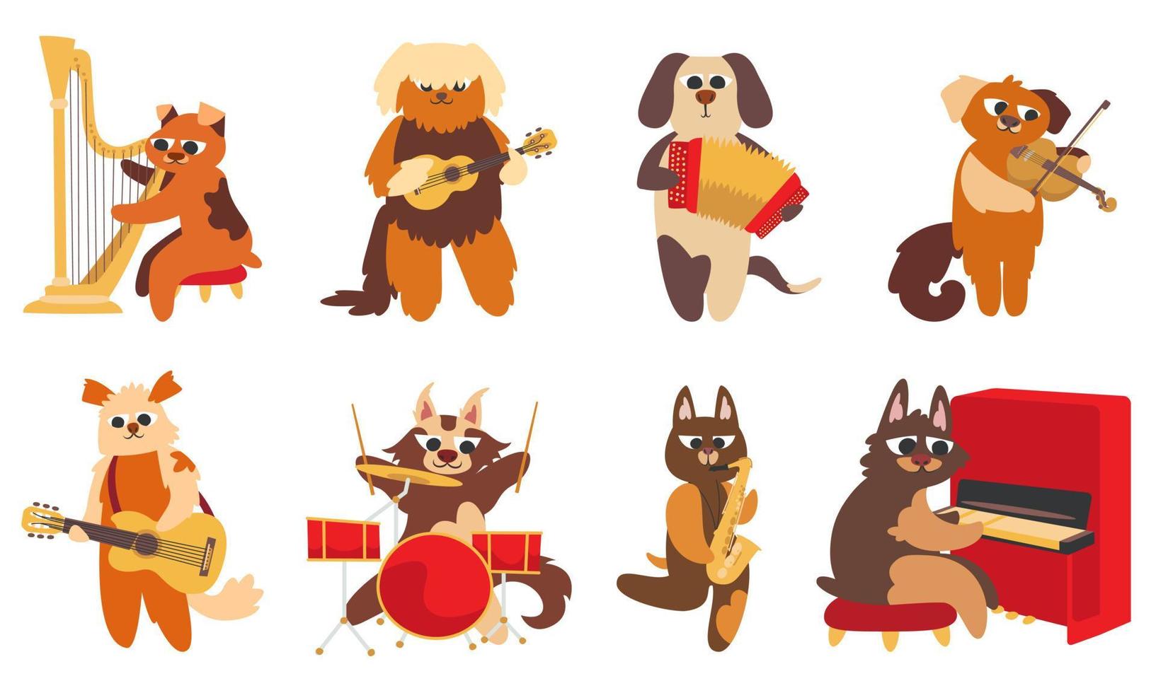 conjunto de músicos de perros. personajes divertidos en estilo plano de garabato vector