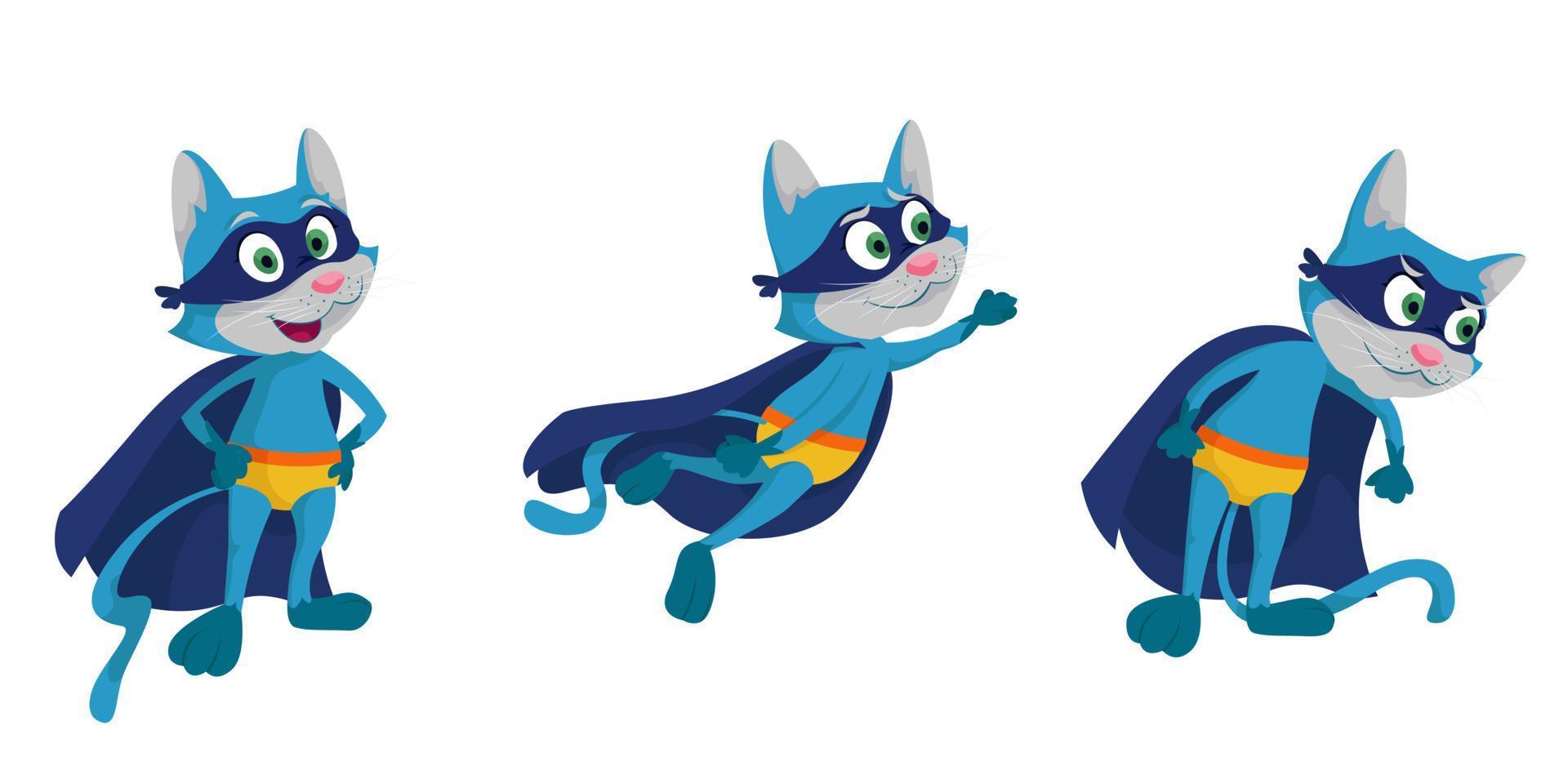 Superhero cat in different poses. Fictional character in cartoon style vector