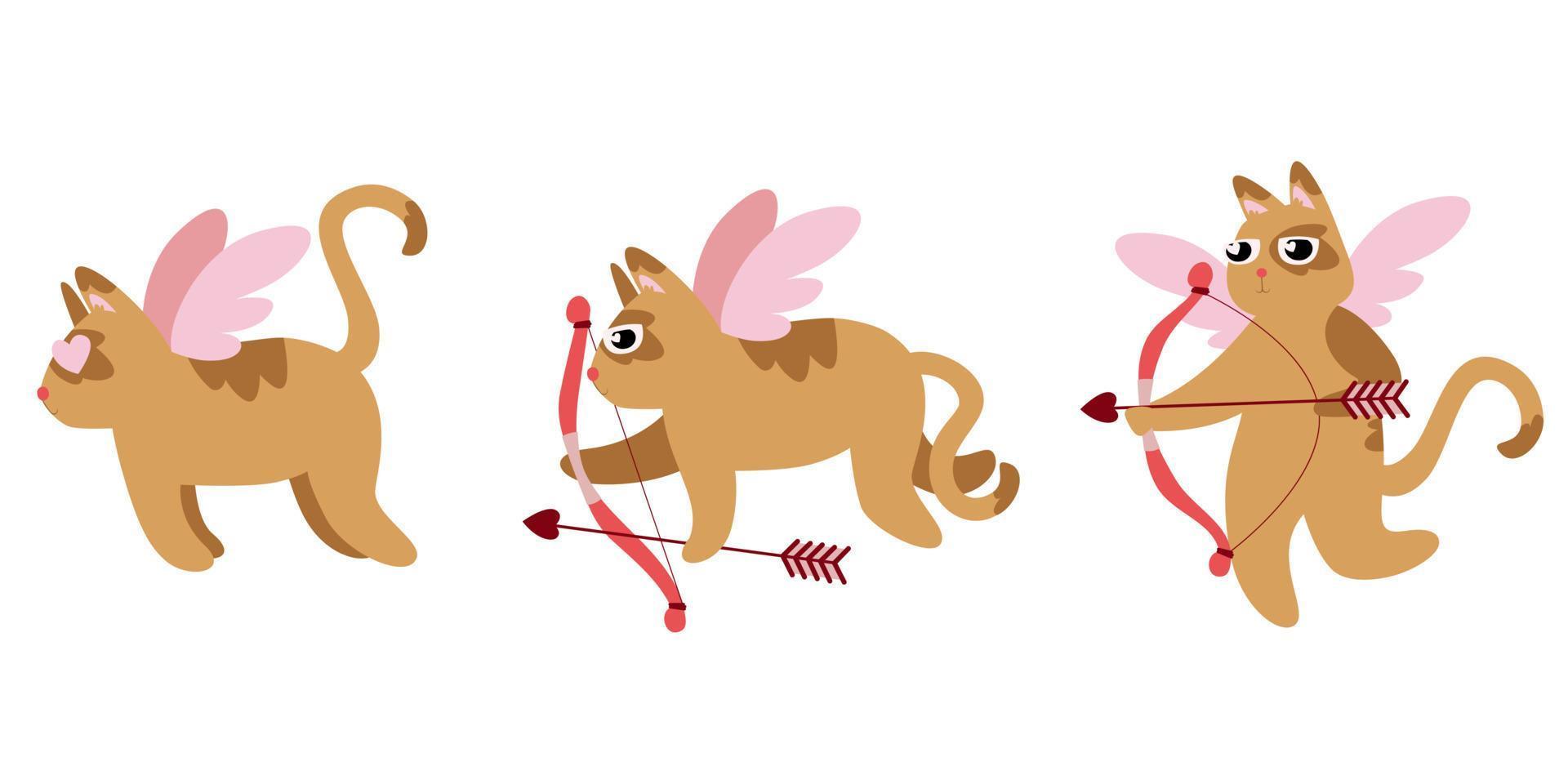 Cat cupid in different poses. Cute character in flat style vector