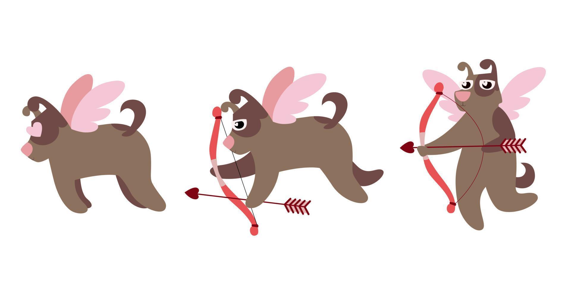 Dog cupid in different poses. Cute character in flat style vector