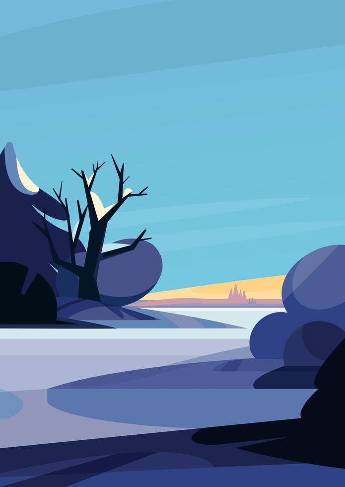 Winter landscape with river. Natural scenery in vertical orientation. vector