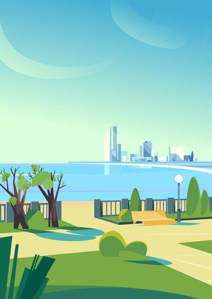 City embankment in spring season. Urban scene in vertical orientation. vector