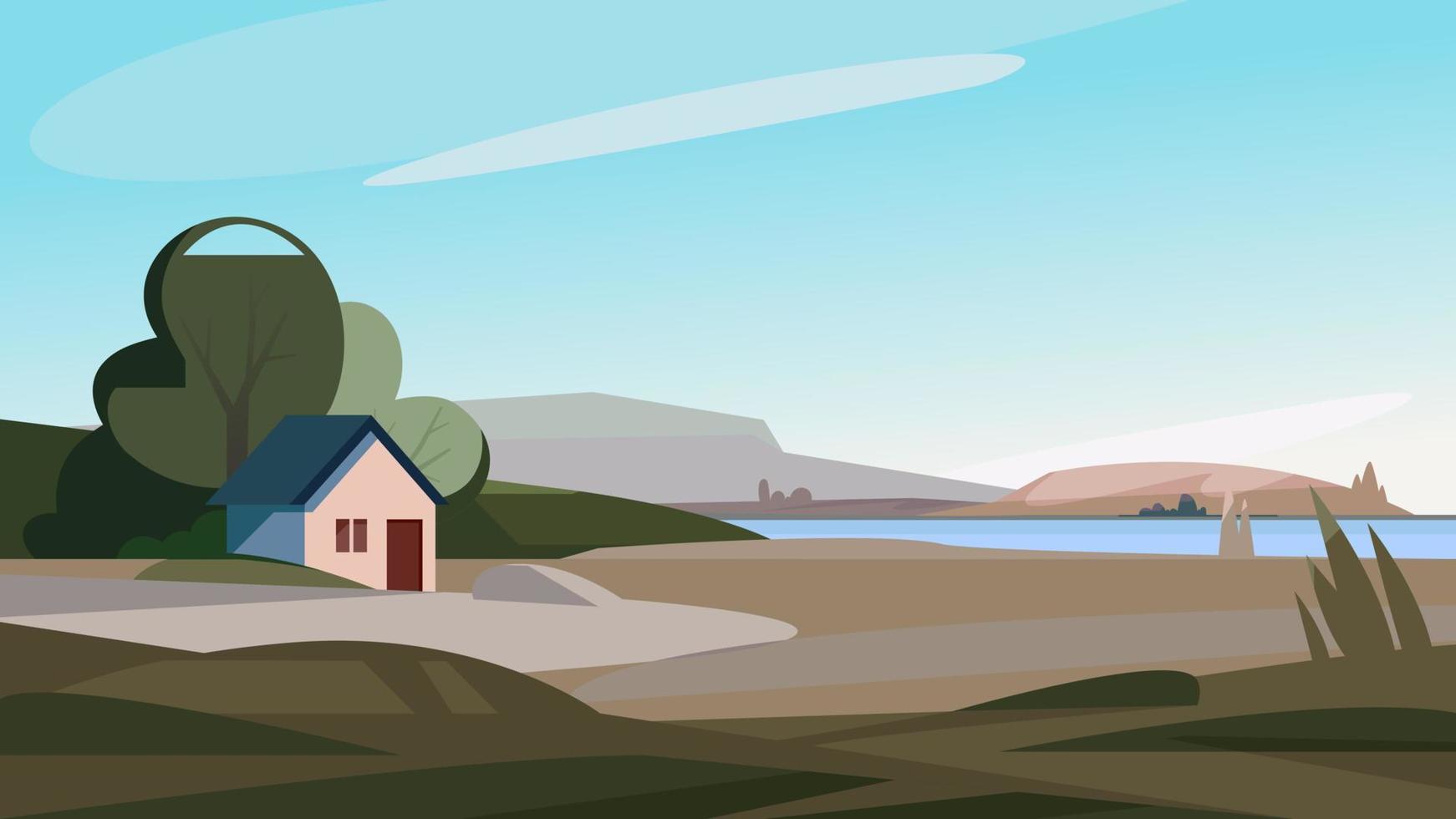 paisaje primaveral con casa en la orilla del río. vector