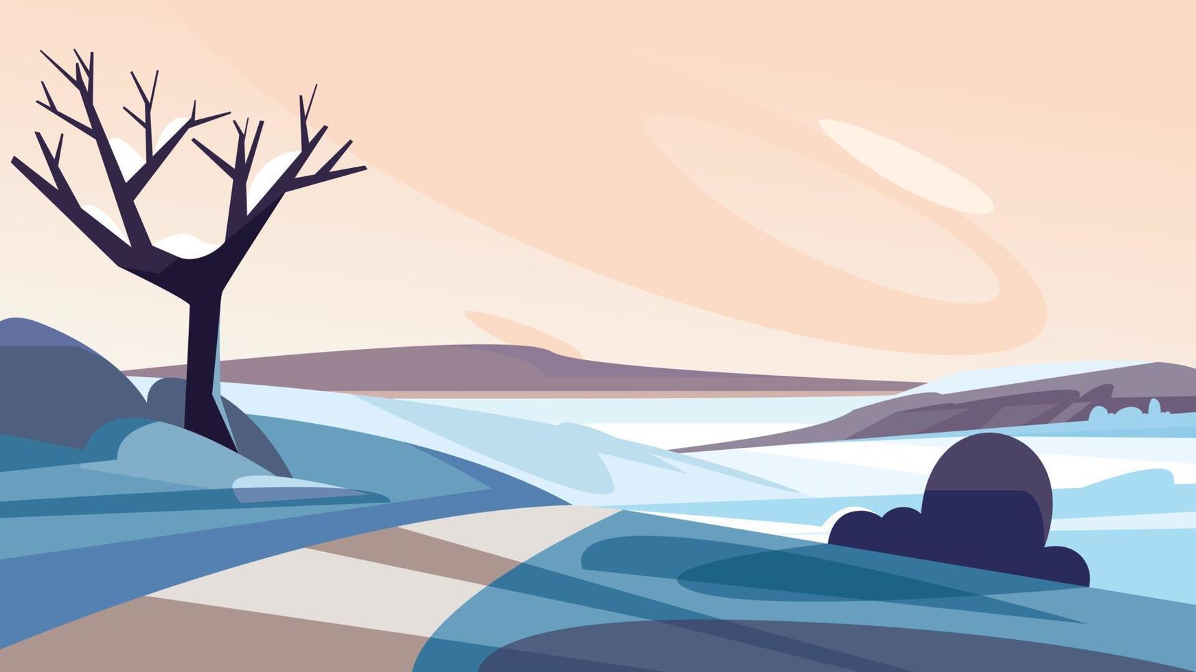 paisaje invernal con camino al lago. vector