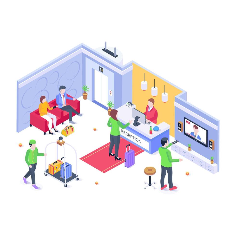 Reception area, isometric illustration with editable facility vector