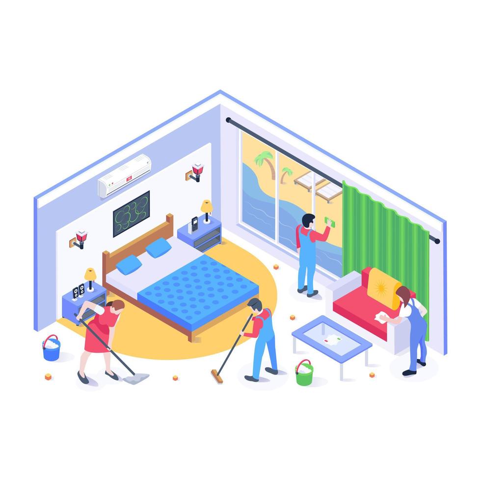Hotel bedroom isometric illustration with editable facility vector