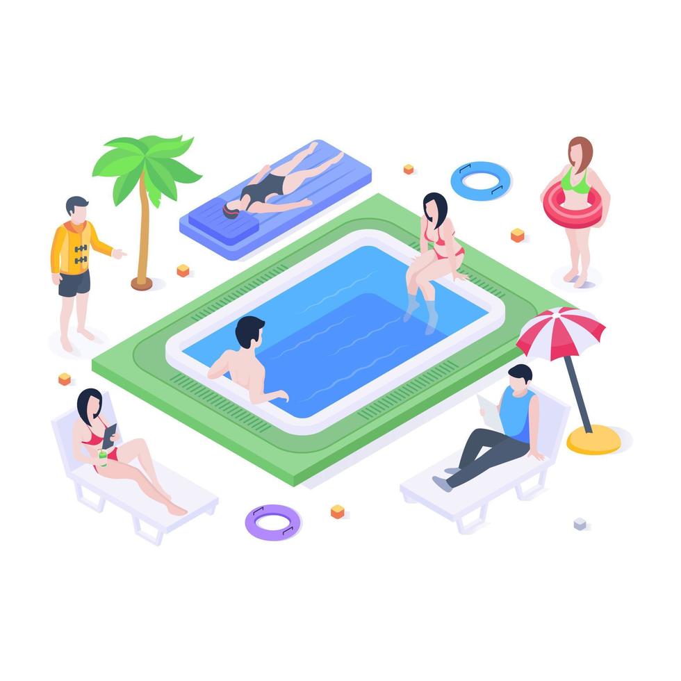 ilustración isométrica de la piscina del hotel, vector editable