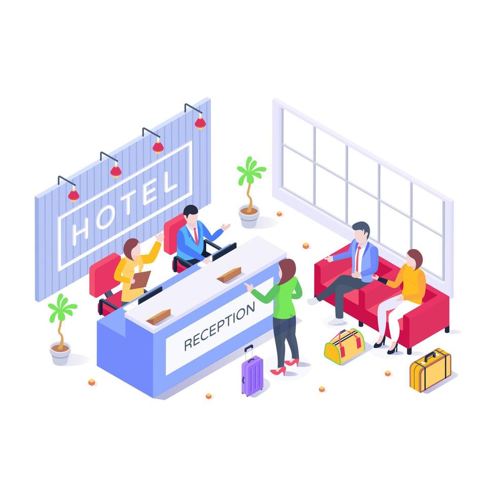 Reception area, isometric illustration with editable facility vector