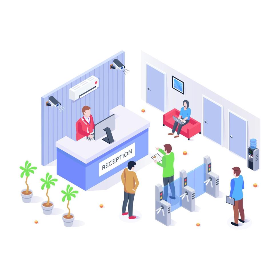 Reception area, isometric illustration with editable facility vector