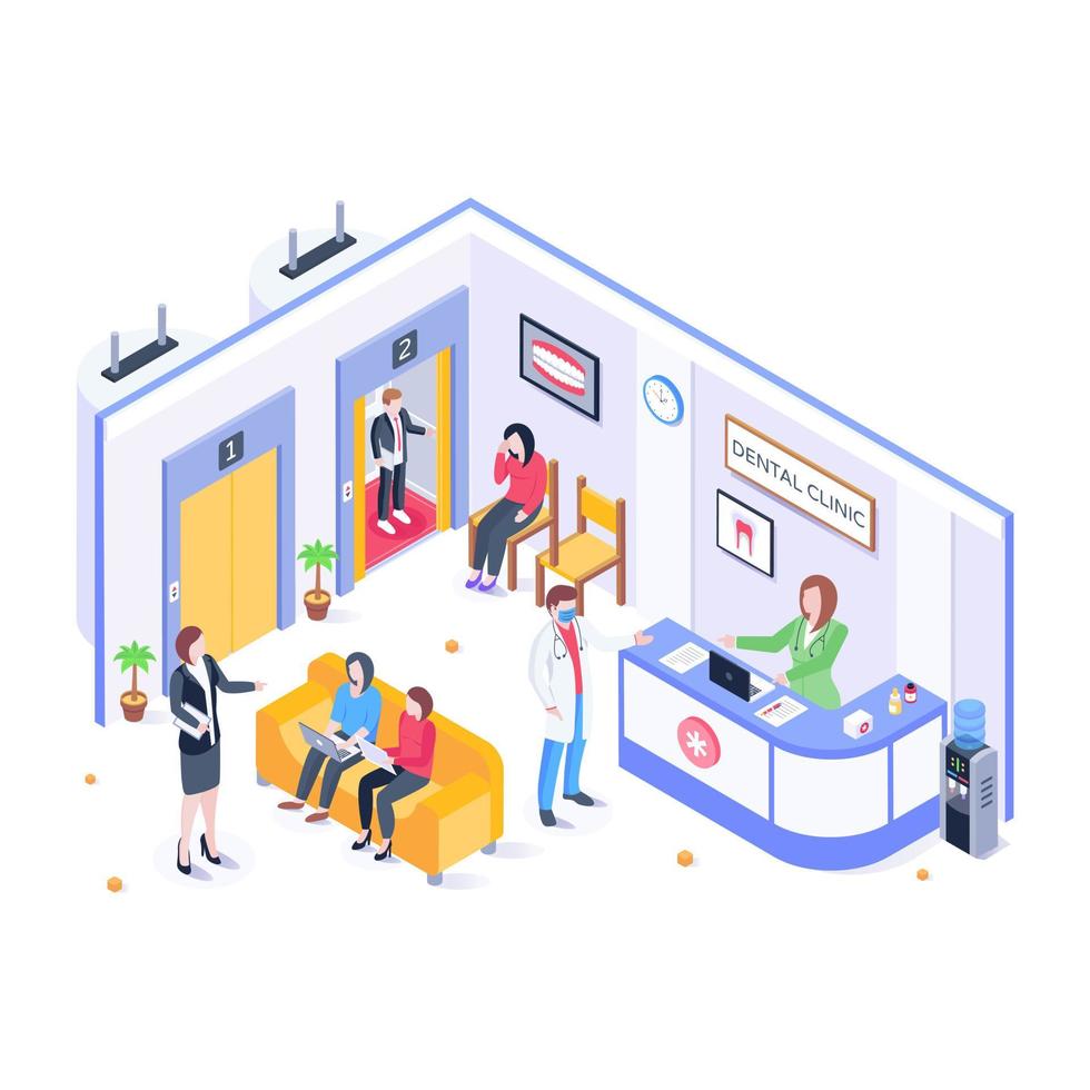 Isometric illustration of clinic reception is up for premium use vector